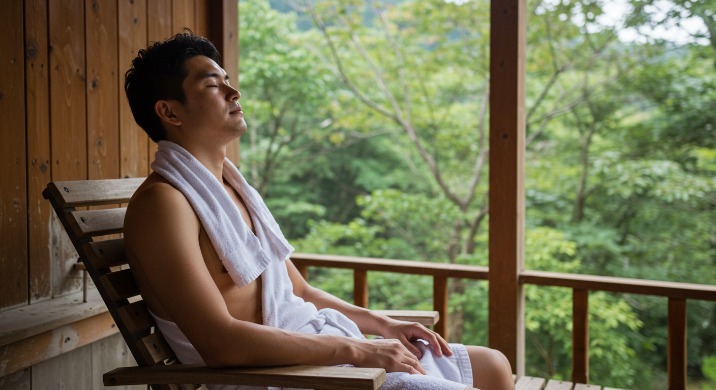 外気浴中の男性が椅子に座って深呼吸している写真