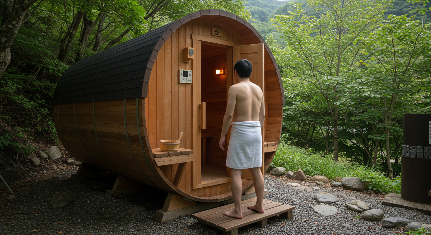 不安げにサウナ室の前で立ち止まる初心者の人