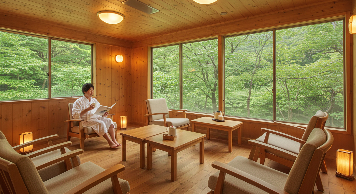 温泉の休憩スペースでリラックスする人のイメージ