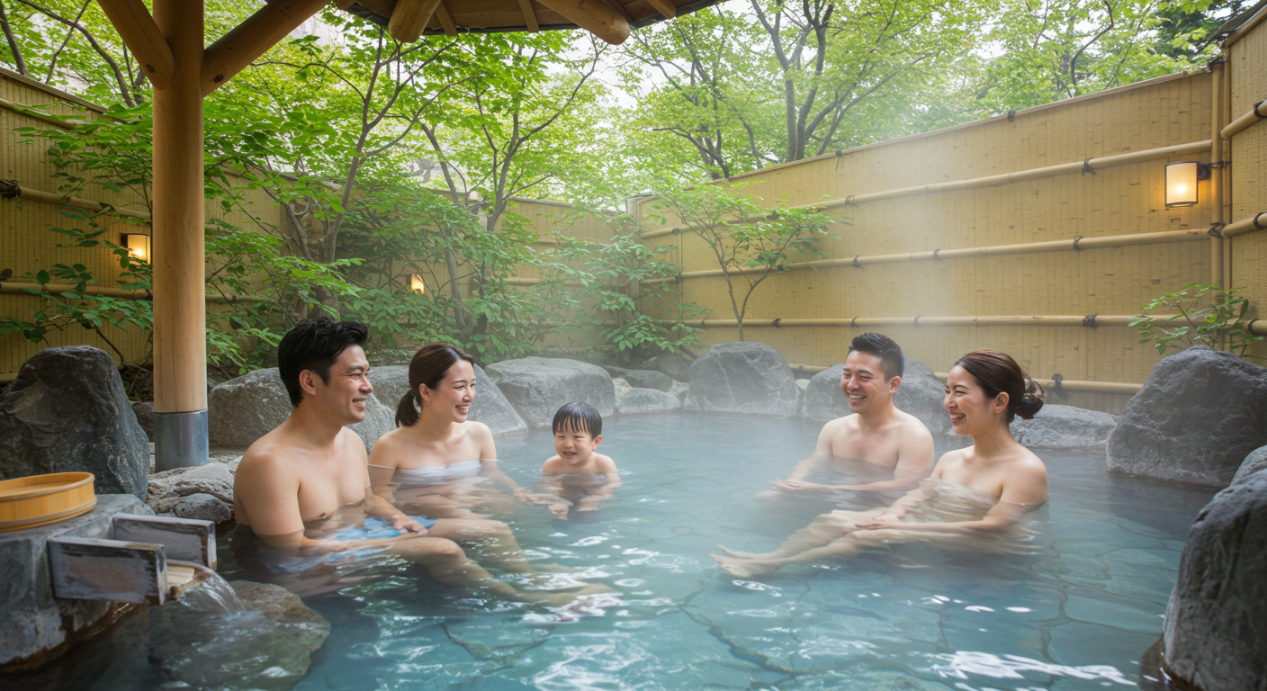 貸切風呂でくつろぐ家族やグループのイメージ