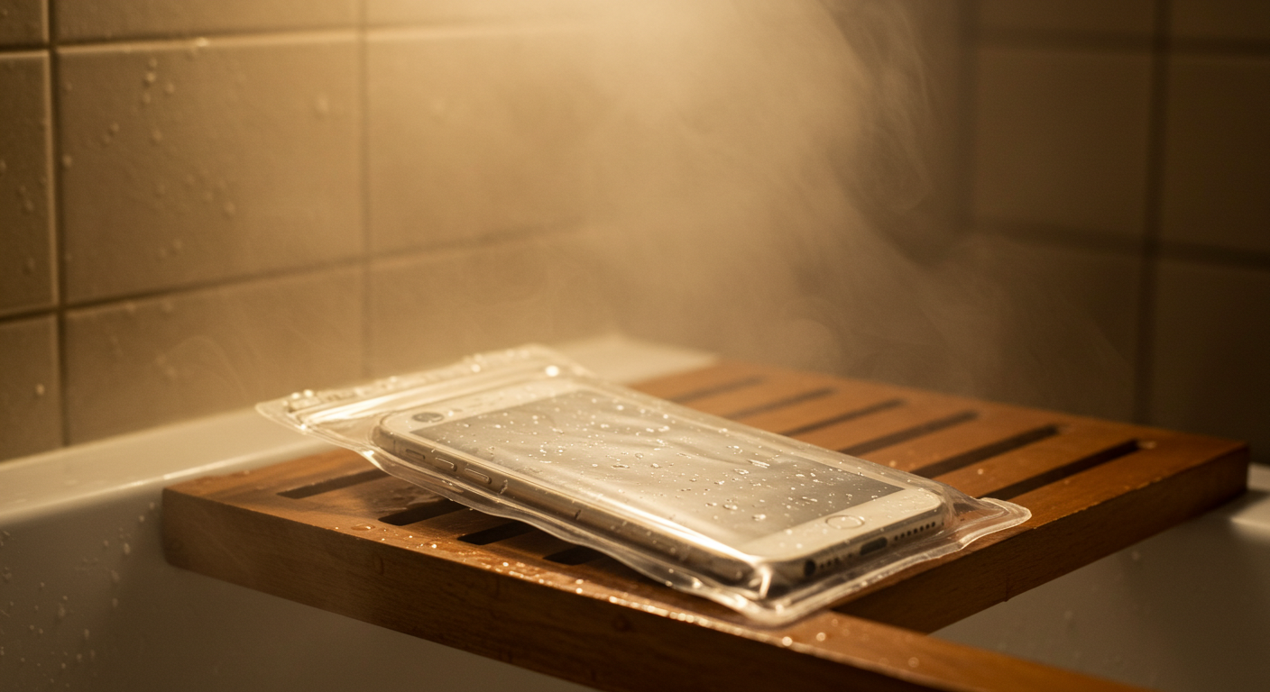 防水ケースに入れたスマホをお風呂の棚に置いて使っている様子