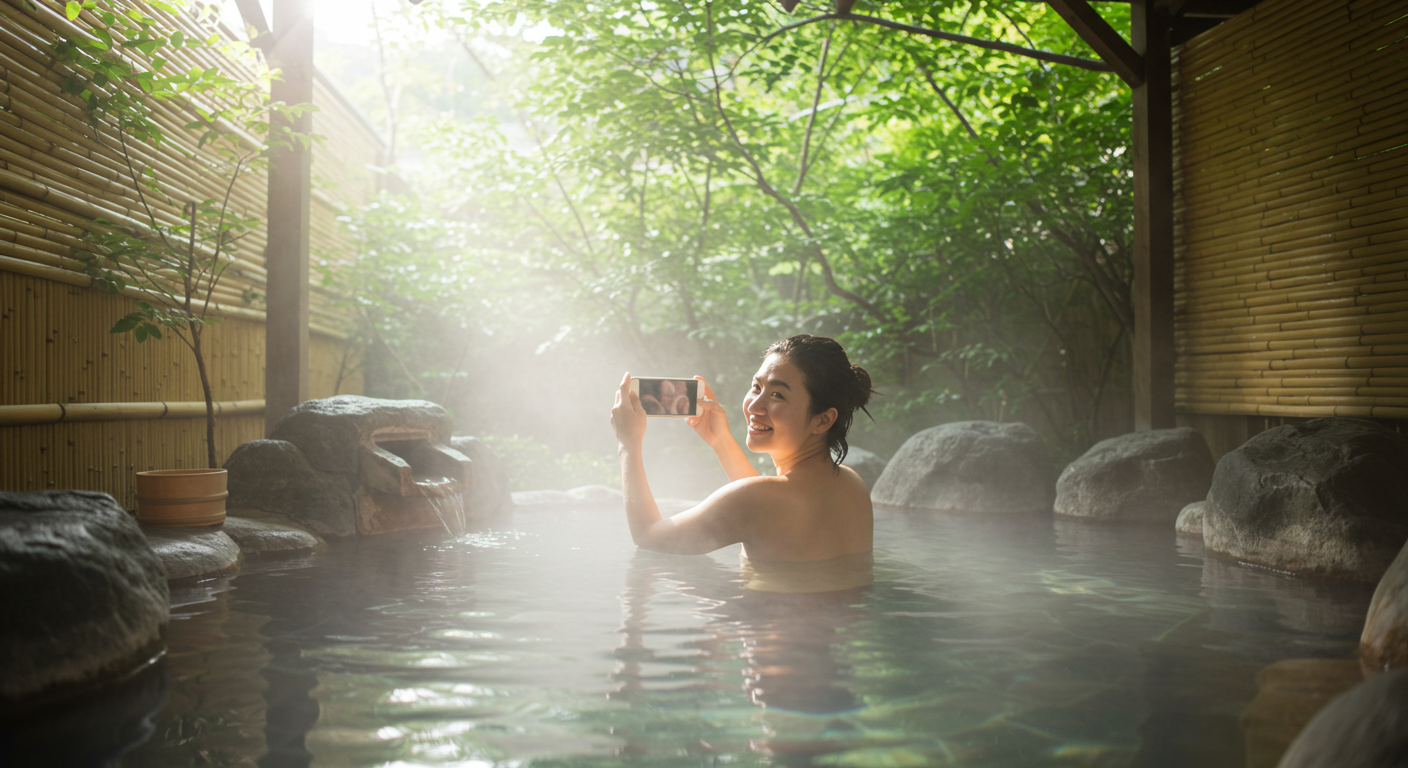 貸切風呂でスマートフォンを使いながらリラックスしている様子