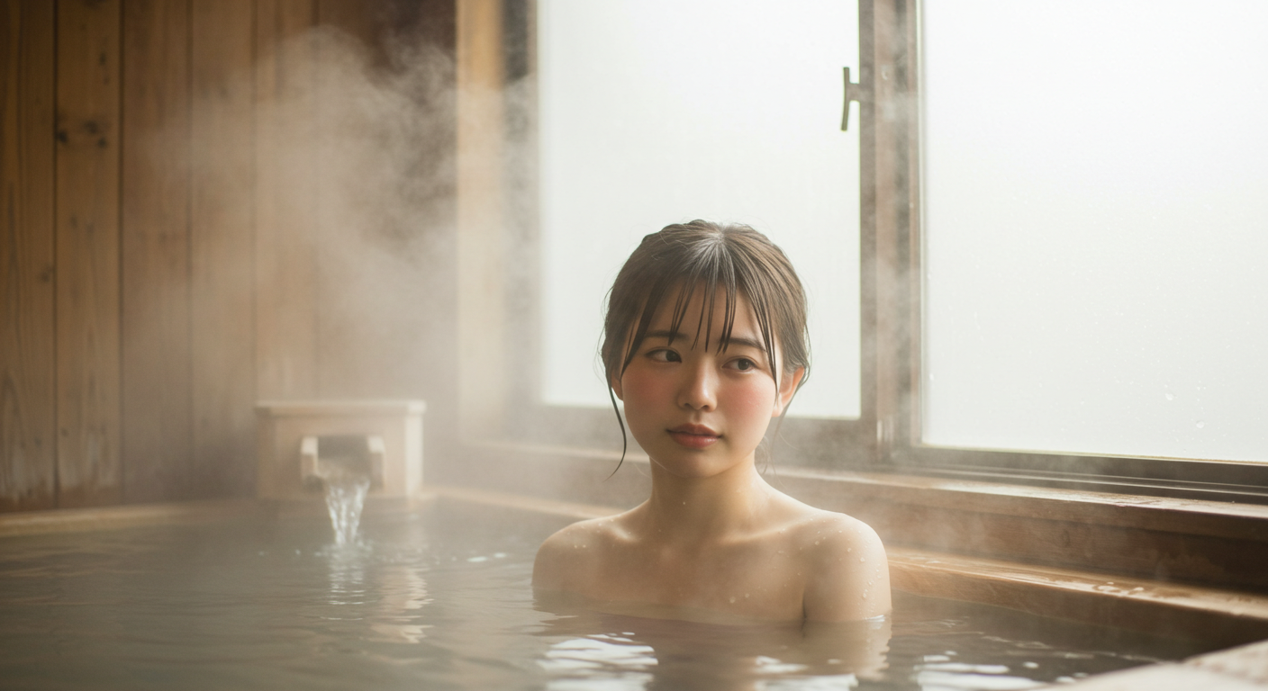 温泉でややのぼせた表情の女性