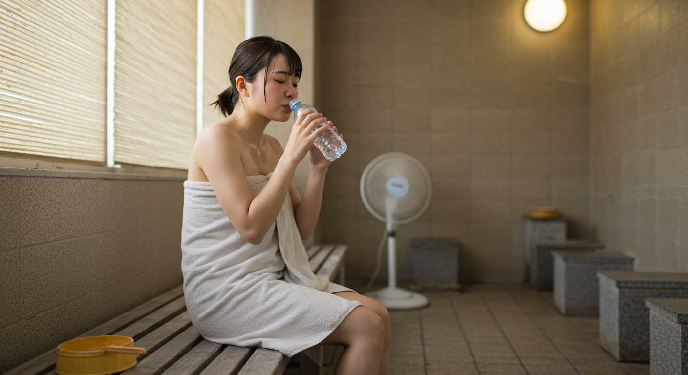 ベンチで休憩しながら水を飲む様子
