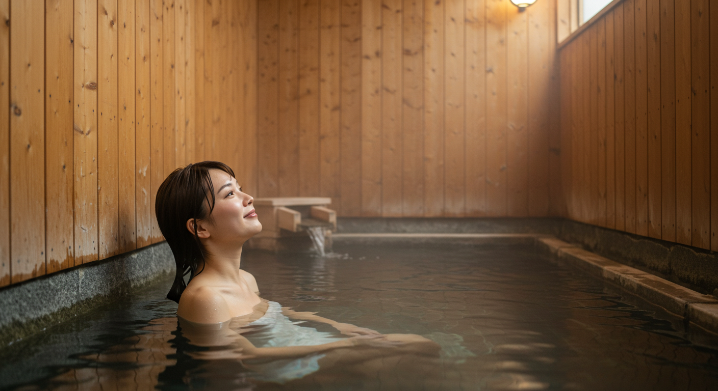貸切り風呂でリラックスする女性