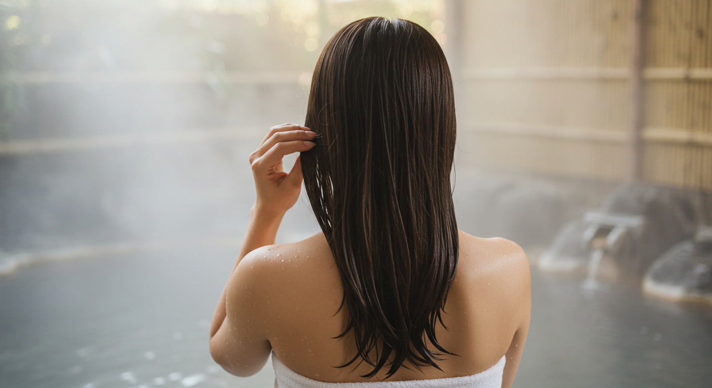 湯気の中で髪を手ぐしする女性の後ろ姿