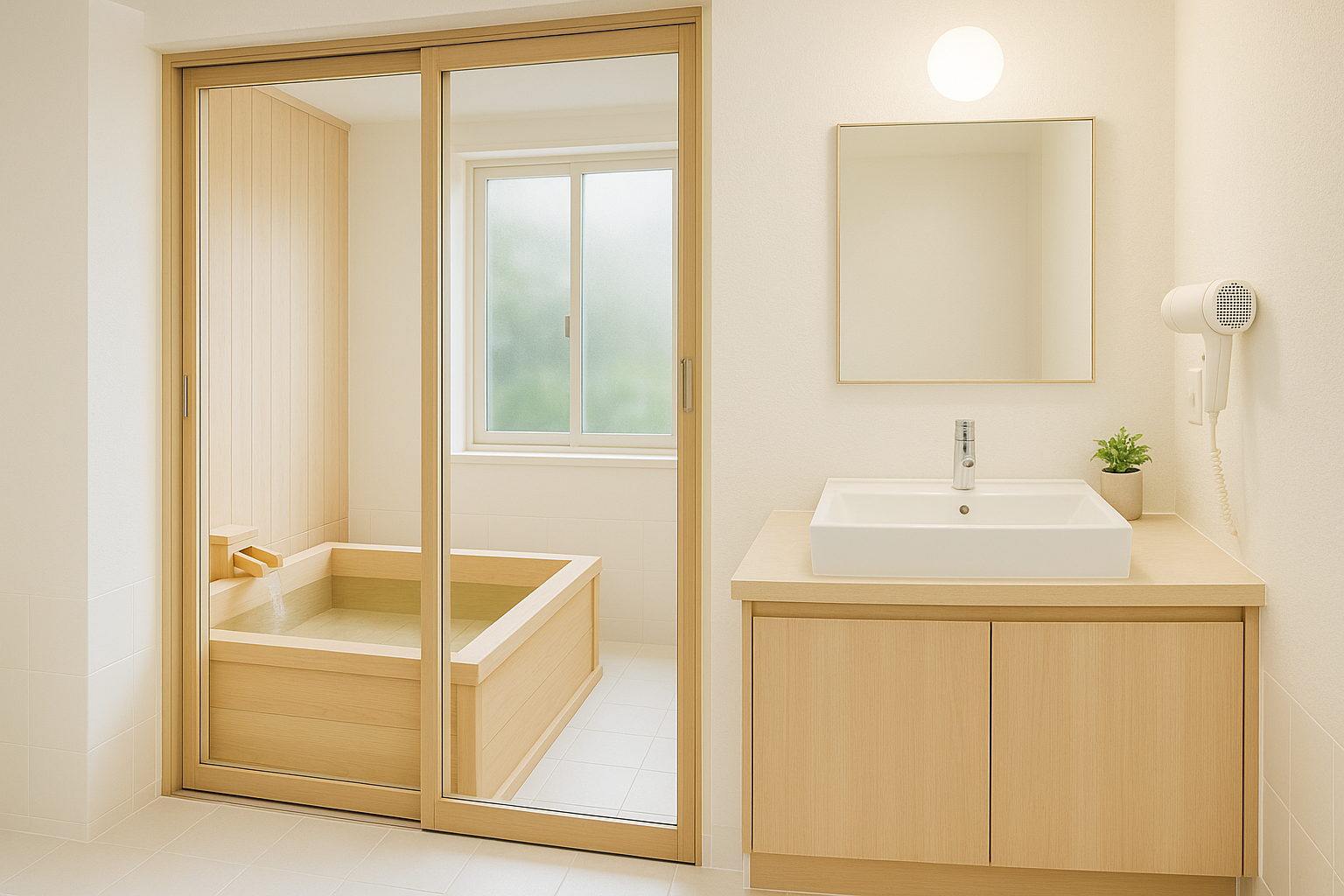 ドライヤー付き洗面台のある貸切風呂の室内写真（木の湯船・清潔感のある洗面スペース）