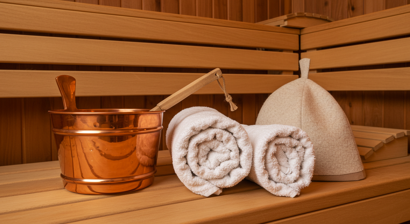 サウナに置かれた柄杓と桶、アロマ水のセット（実際のセルフロウリュ準備シーン）