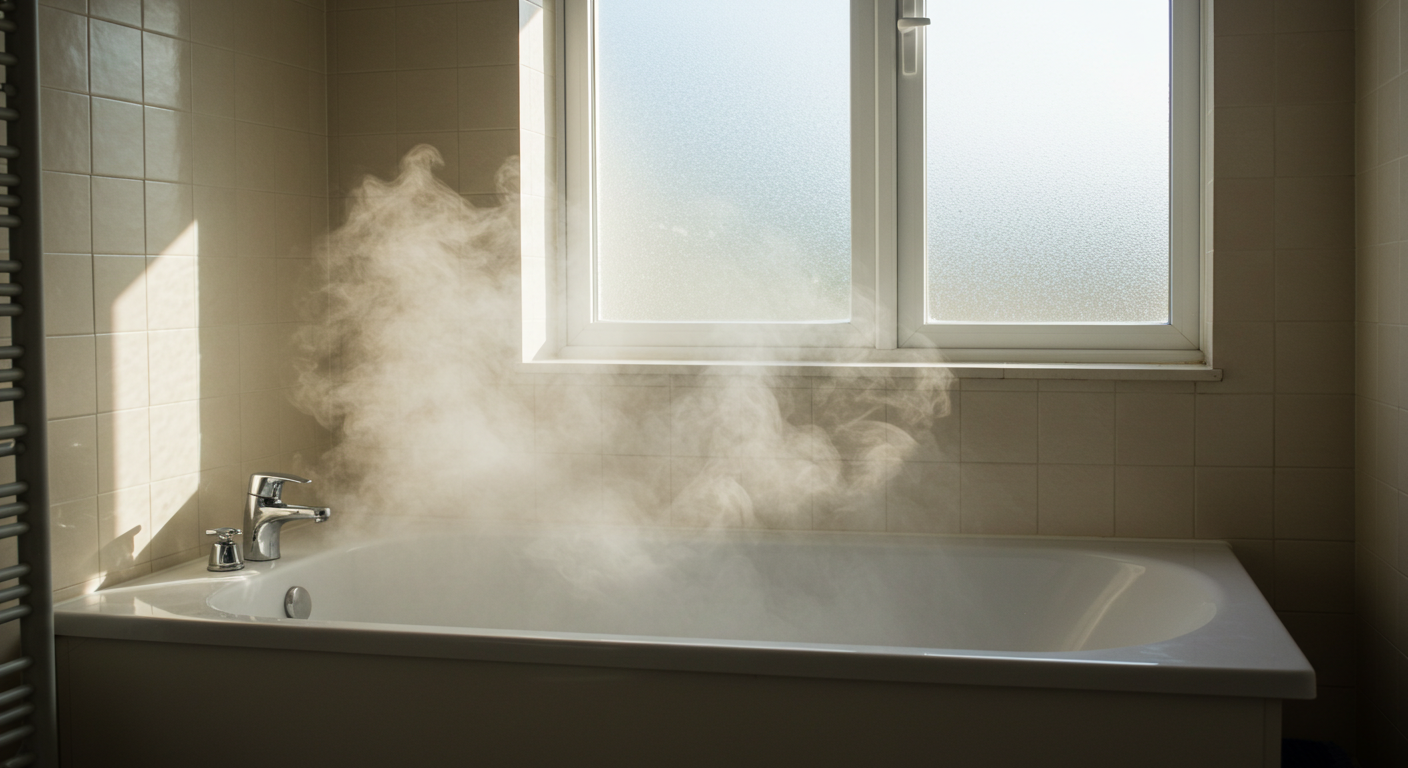朝の光が差し込むバスルームに湯気が立ちこめている写真