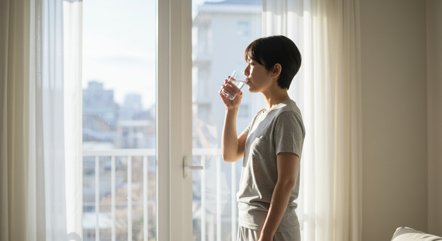 コップ一杯の常温水を飲んでいる朝のシーン