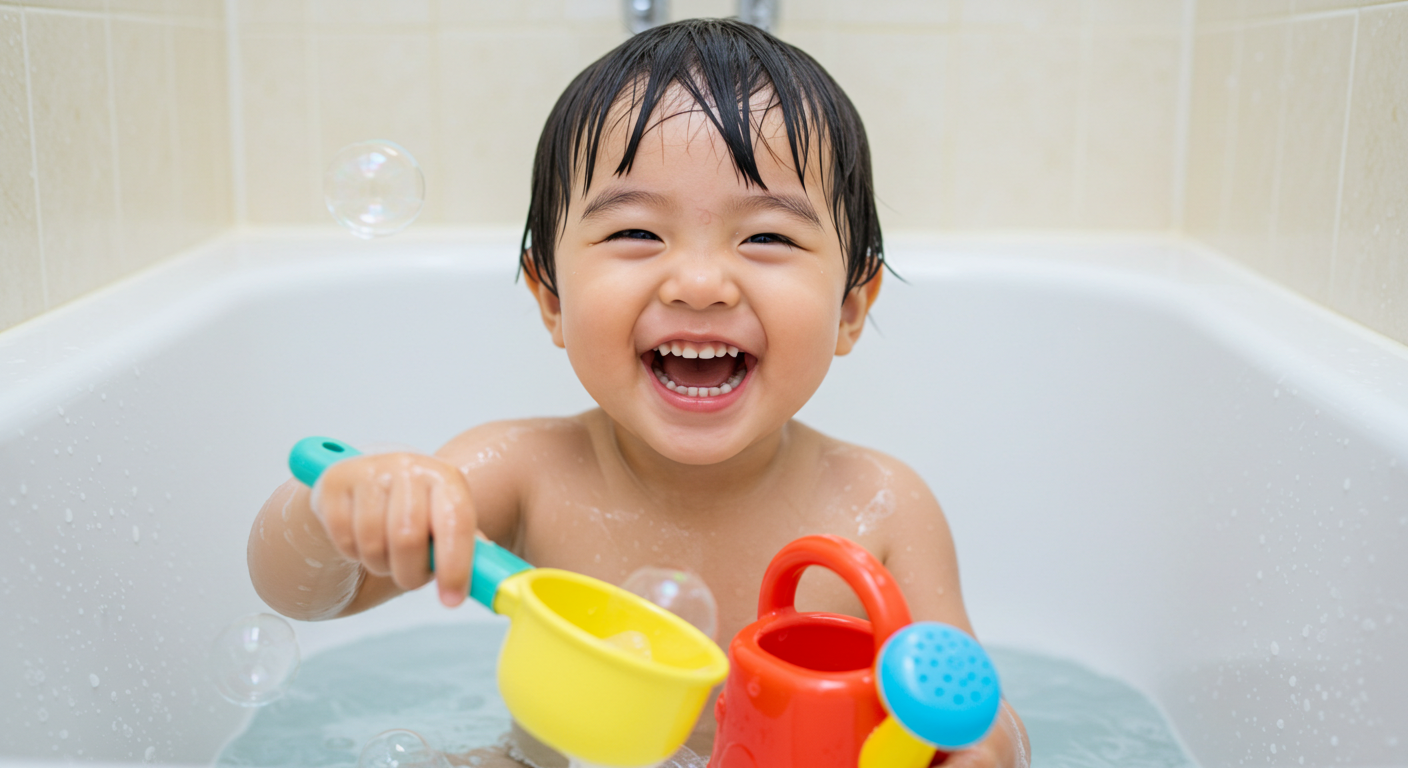 2歳児が小さなじょうろやおたまでお湯をすくって遊んでいる様子