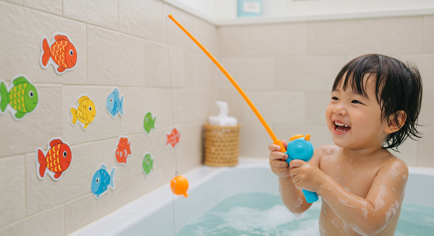 お風呂に貼れるお魚パネルで釣りを楽しむ3歳児の様子