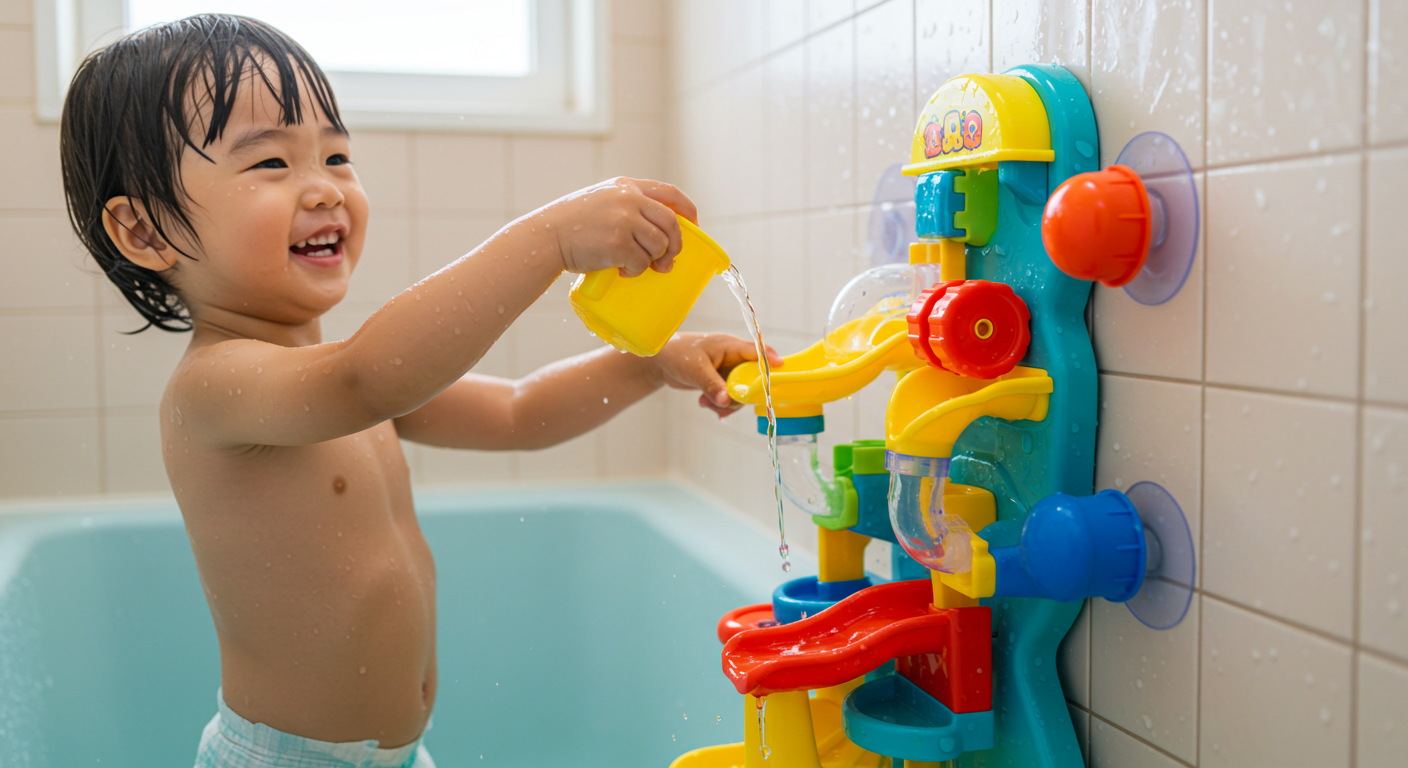 お風呂場の壁に吸盤で貼った水流スライダーを流す4歳児の写真
