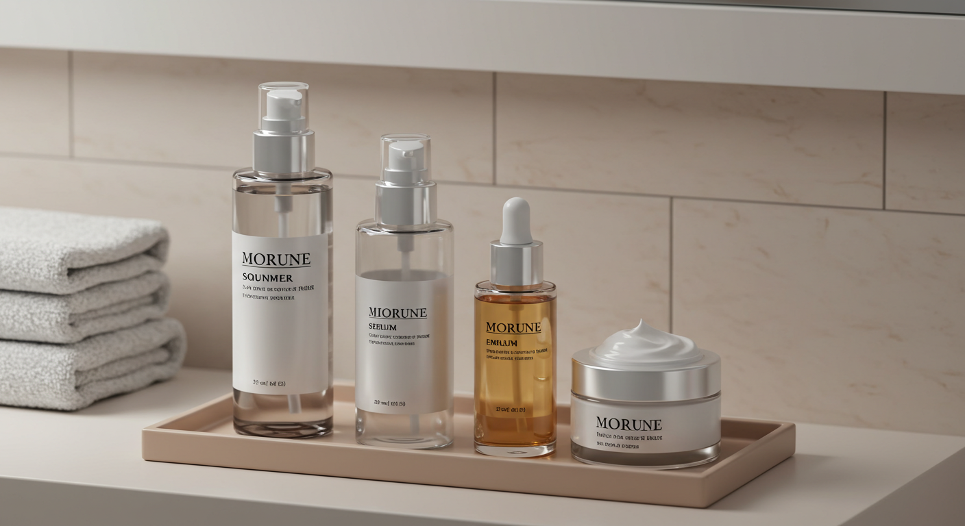 化粧水・美容液・乳液・クリームのアイテムが順番に並んだ洗面台やトレー