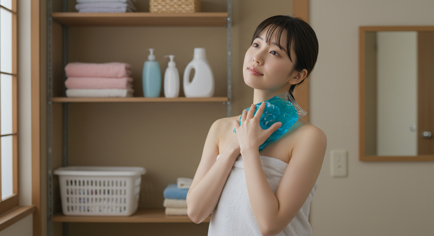 お風呂上がりの女性が、保冷剤で首元を冷やしている自然な生活シーン