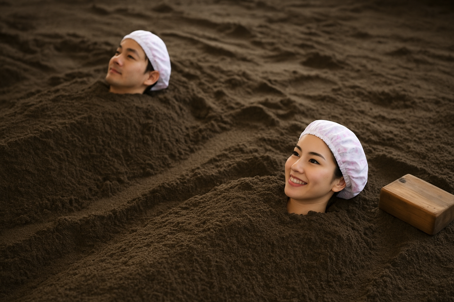 各施設の紹介写真（例えば、指宿温泉の砂風呂が映る風景や温泉の外観写真）