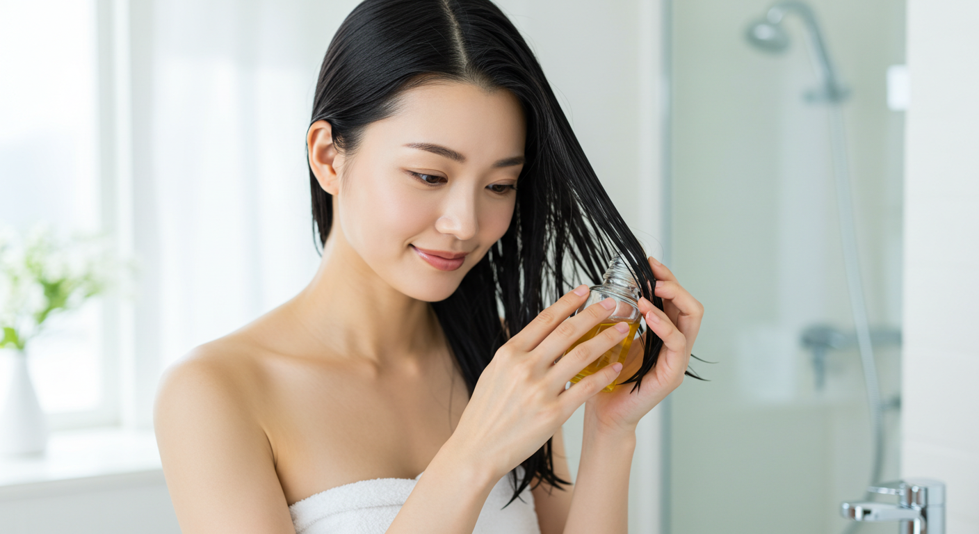 タオルドライ後にオイルやミルクを使う女性