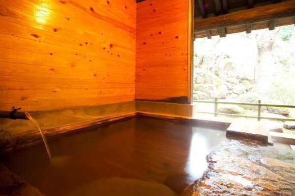 岩と木に囲まれた温泉浴槽