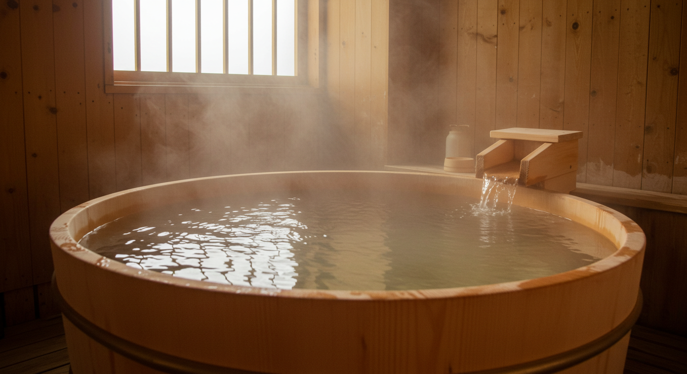 木の湯船の画像（檜風呂の雰囲気）