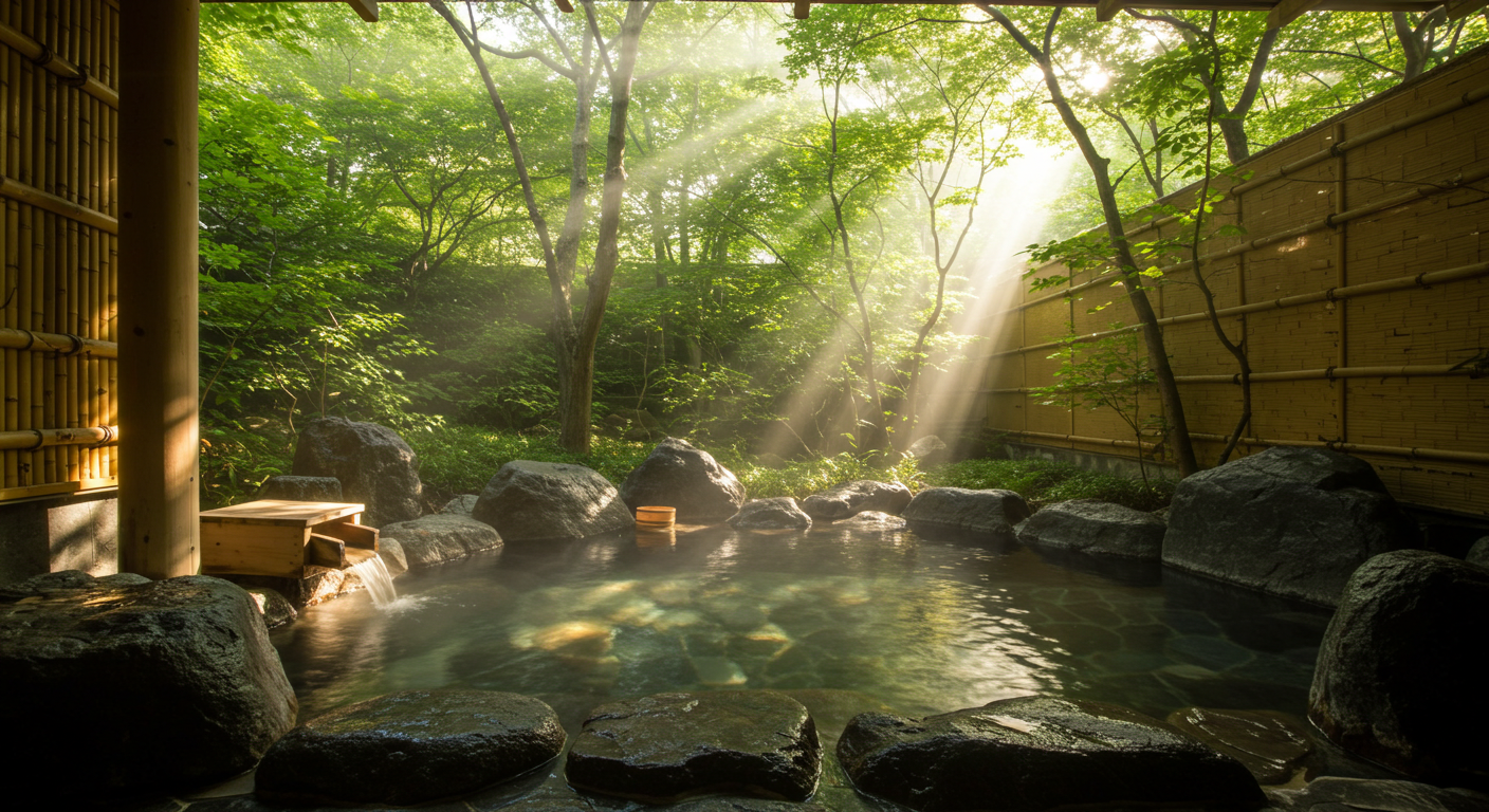 木漏れ日の中にある貸切露天風呂の写真