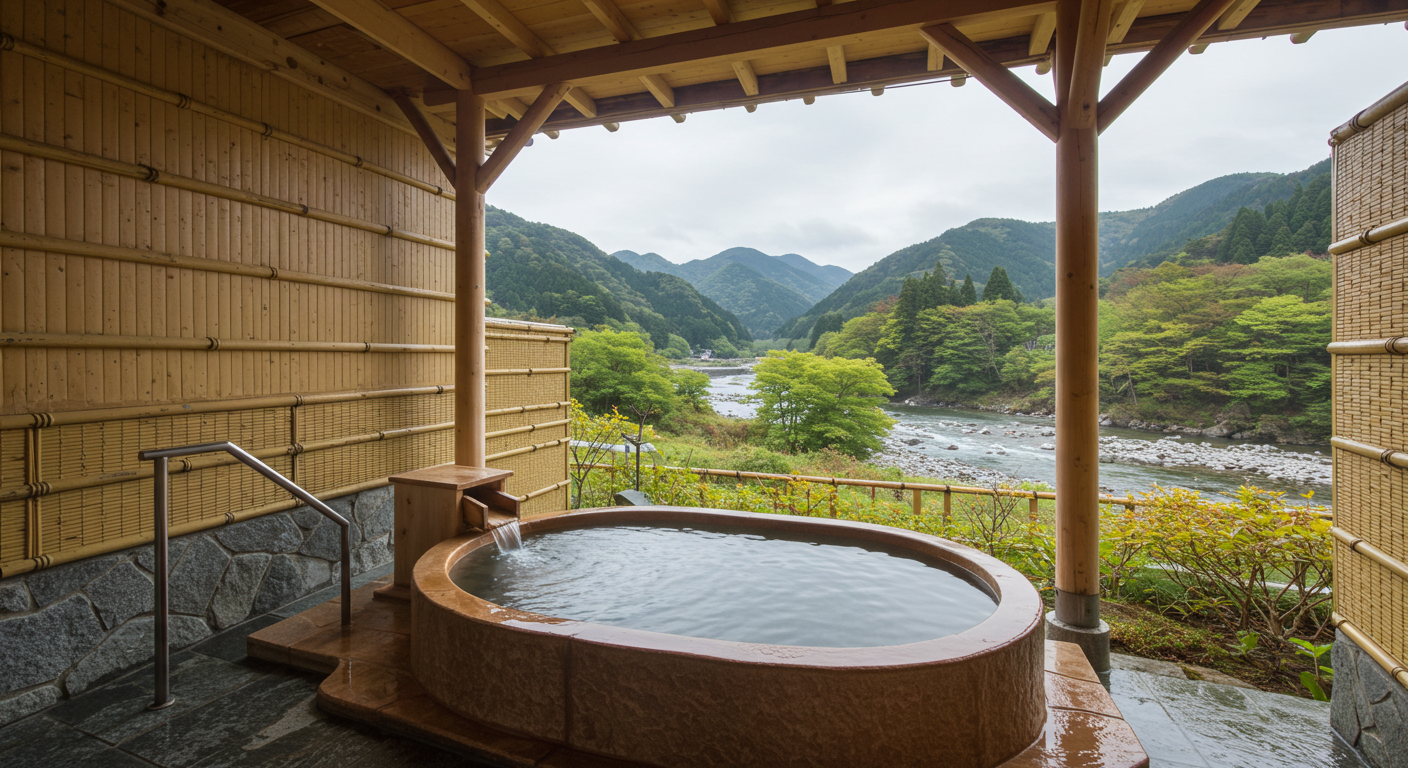 貸切露天風呂と景観が一体になった引きの画