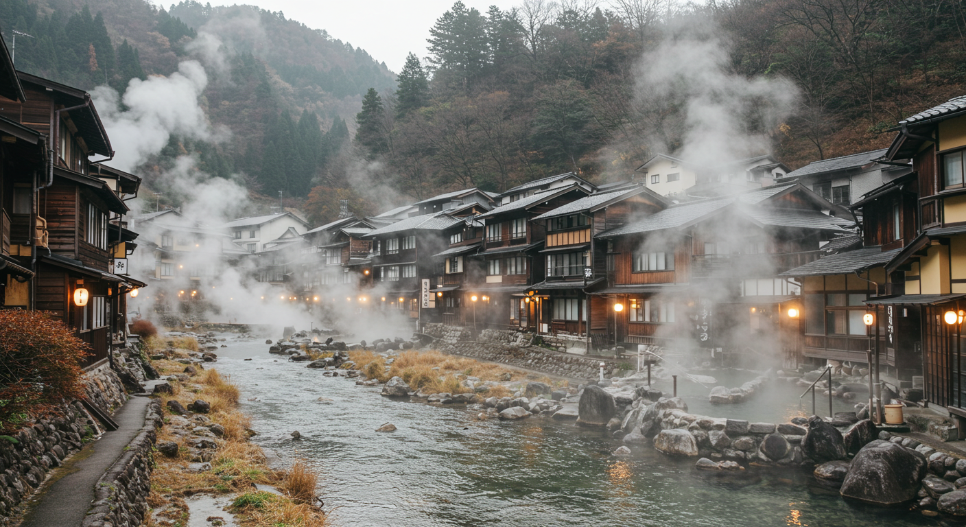 川沿いに湯けむりが立ちのぼる温泉郷の景色