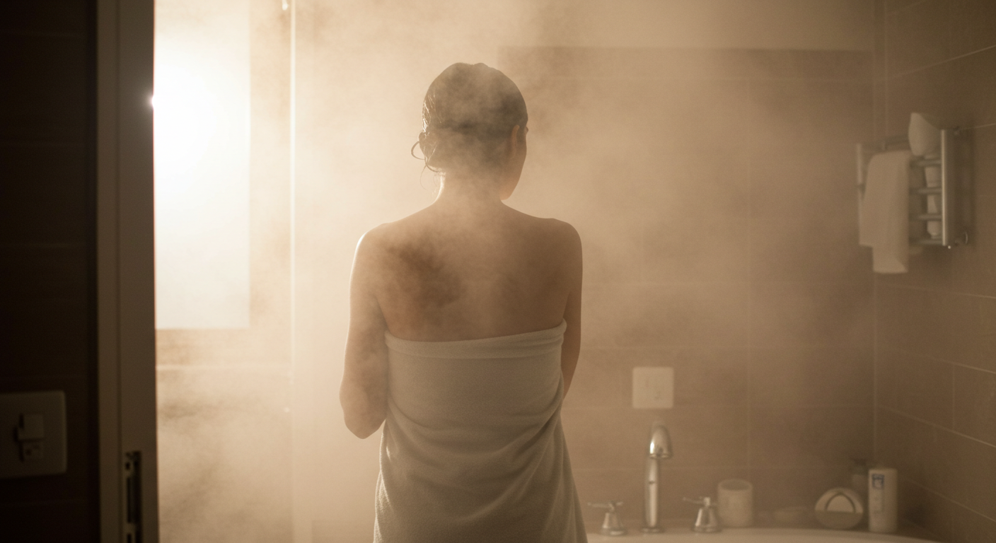 浴室から冷えた脱衣所に出た瞬間の様子