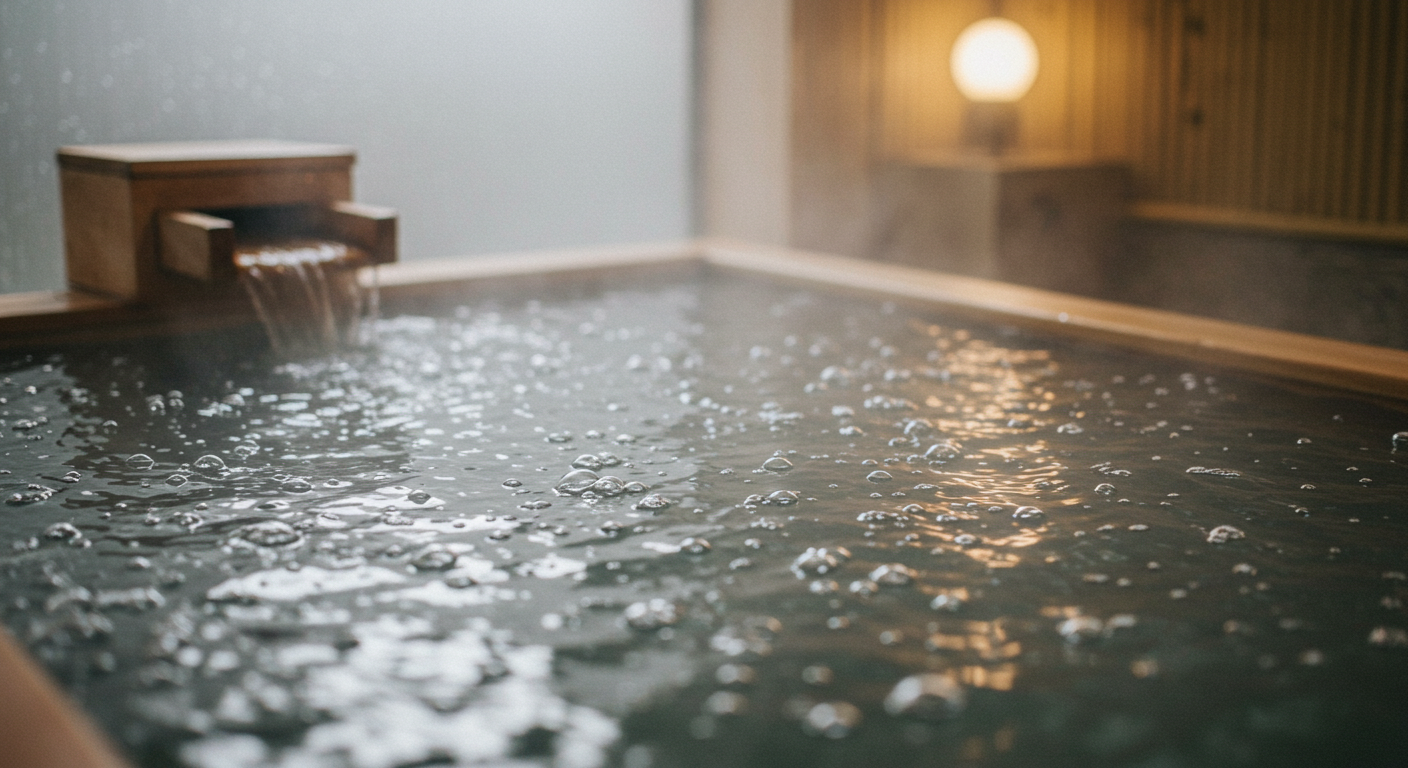 湯けむりが立ち上る炭酸泉の浴槽