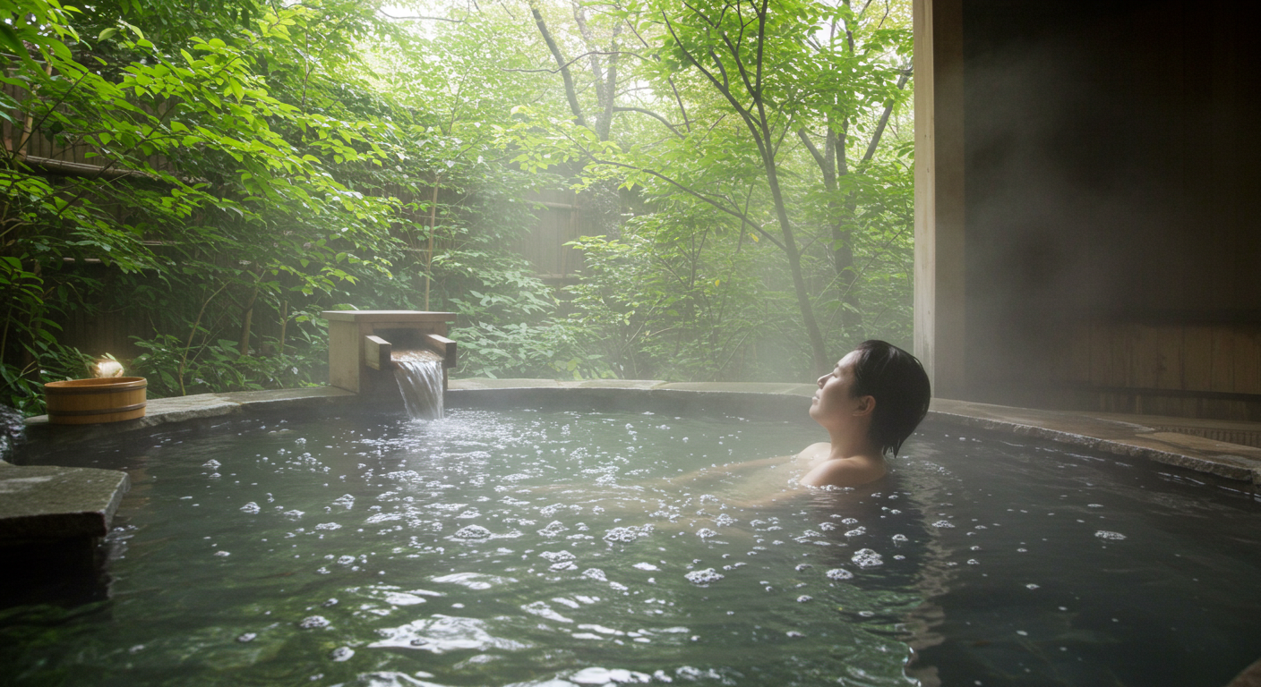 自然に囲まれた貸切風呂の炭酸泉に入る様子