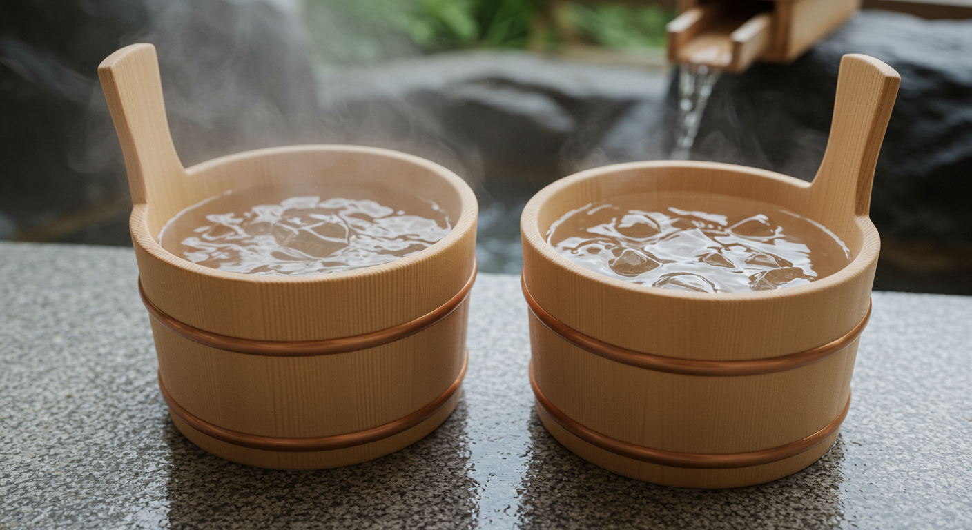 温冷交代浴のイメージ（お湯と冷水の桶が並ぶ）