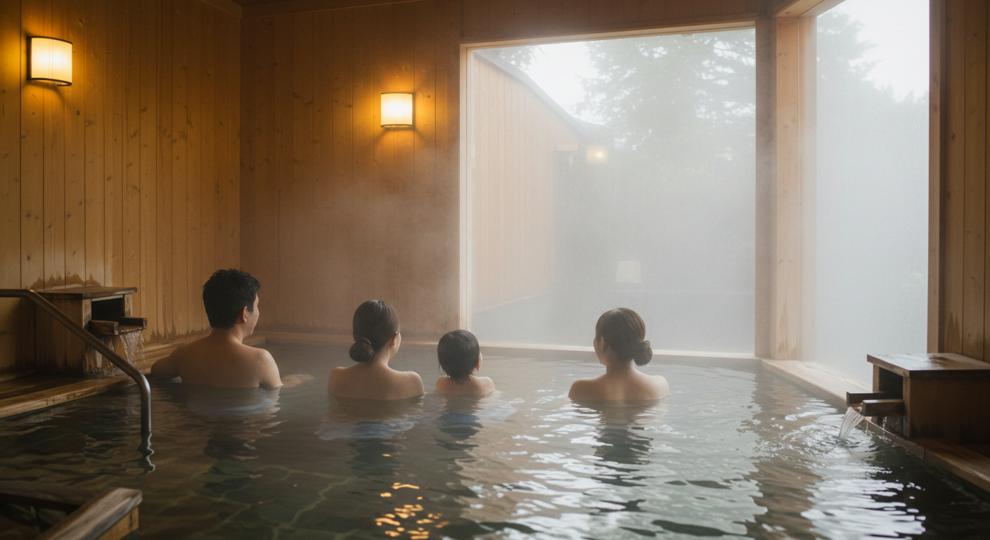 貸切り風呂でゆっくりしている家族の後ろ姿