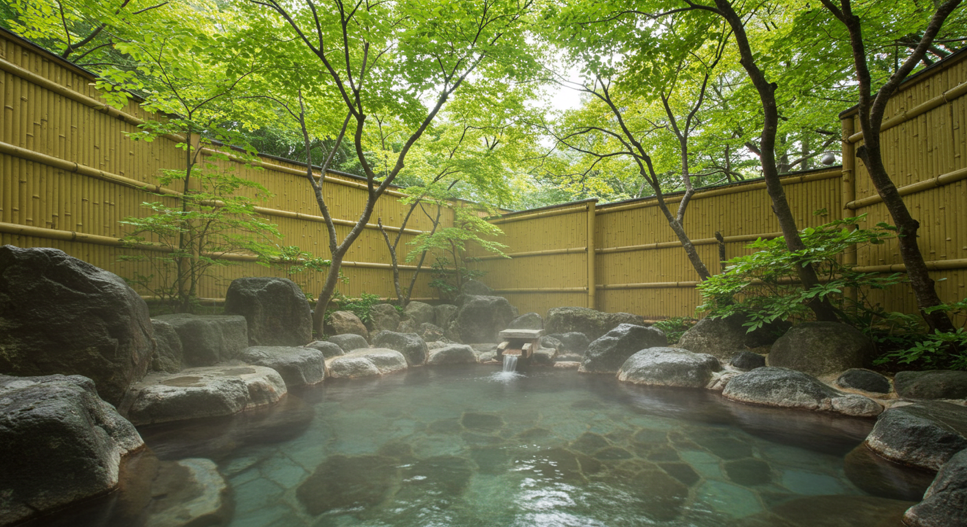 自然に囲まれた静かな貸切風呂の様子