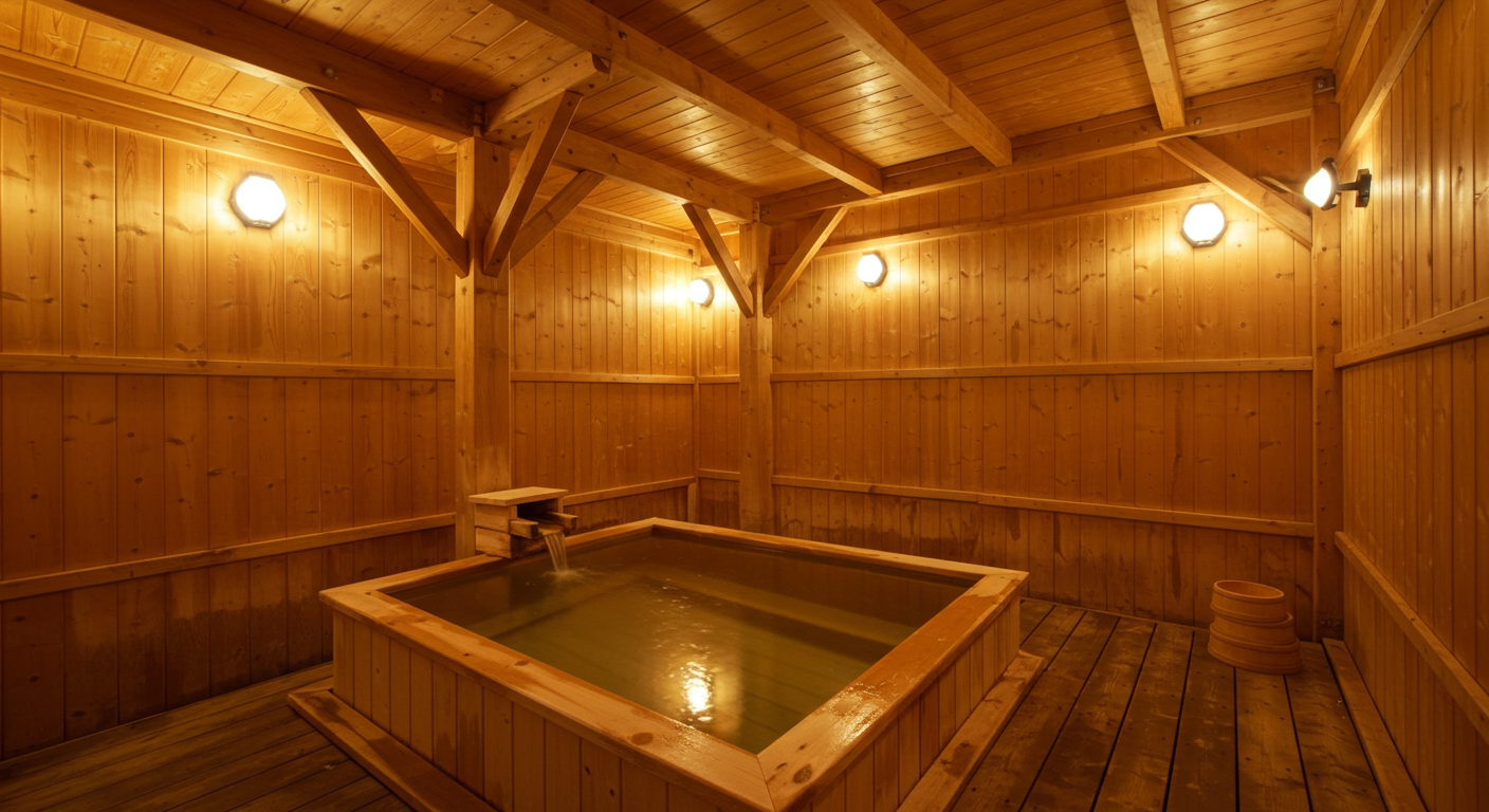 ほの暗く照らされた木造の浴室。誰にも邪魔されない静けさ