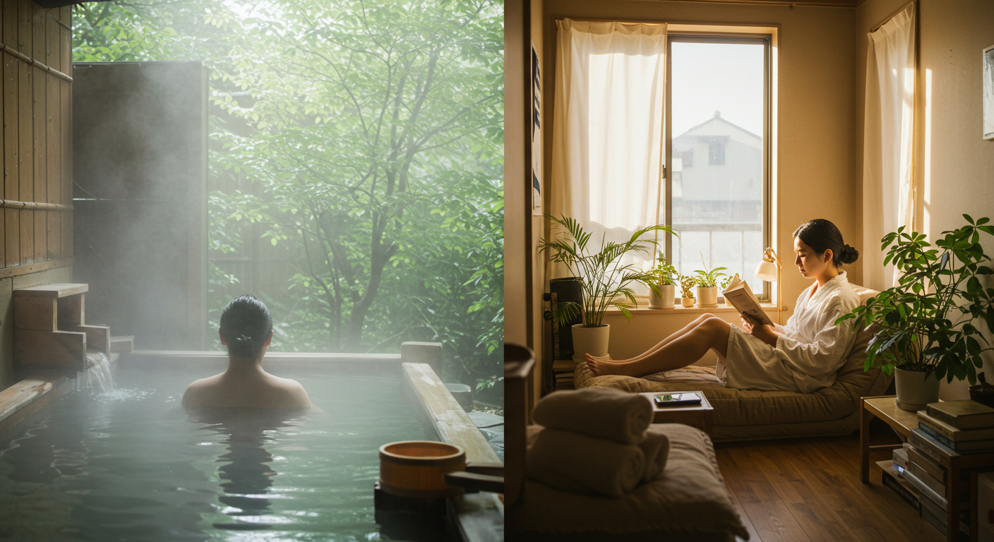湯けむりが立つ静かな浴槽にひとりで入る人の後ろ姿
