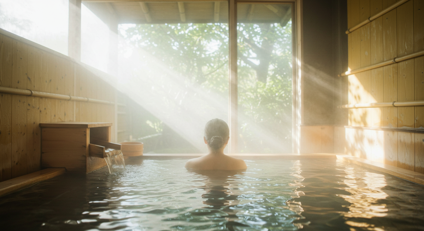 貸切風呂でゆったりと湯に浸かる人（顔が映らない構図）