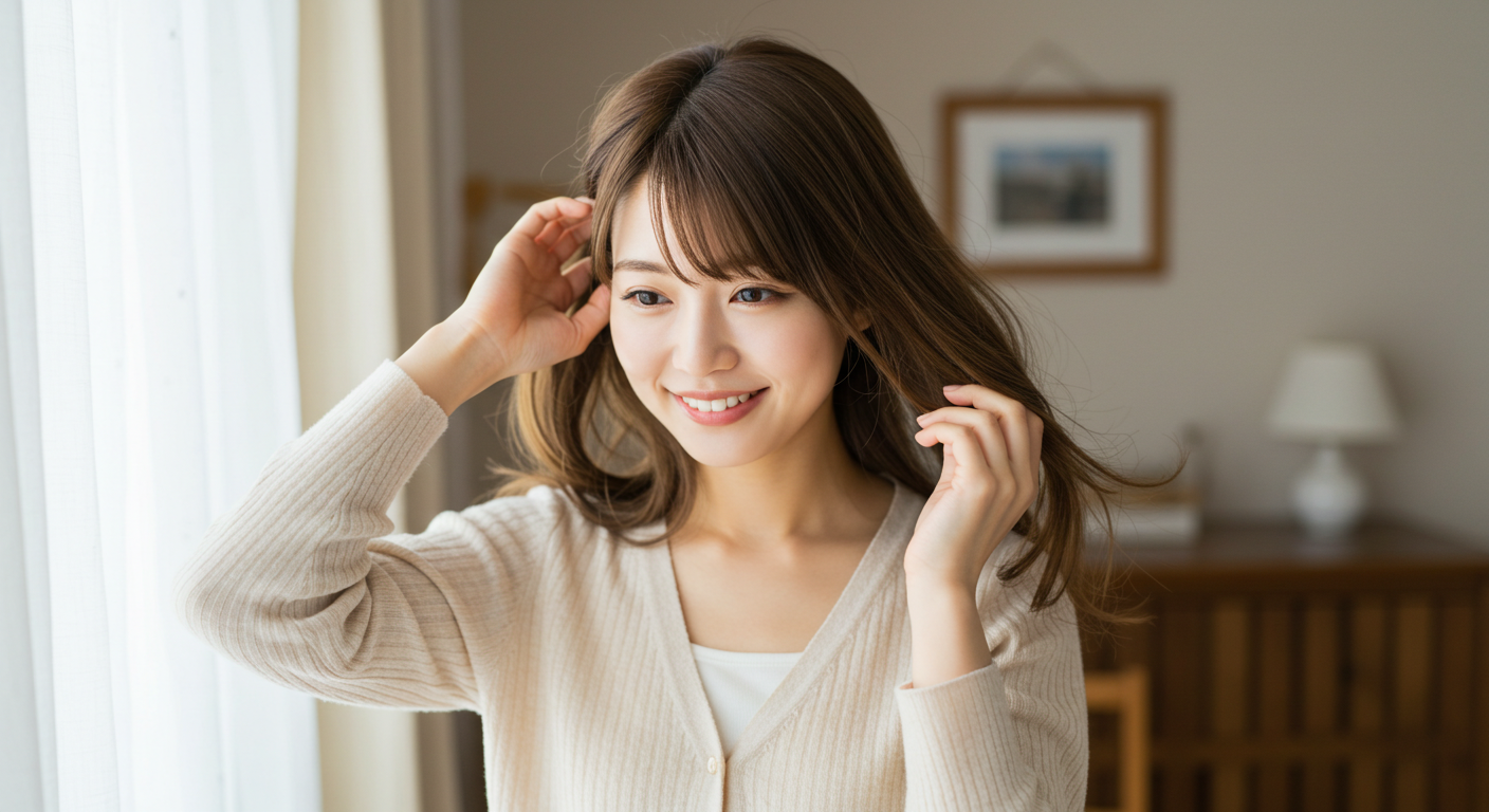 髪を整える女性