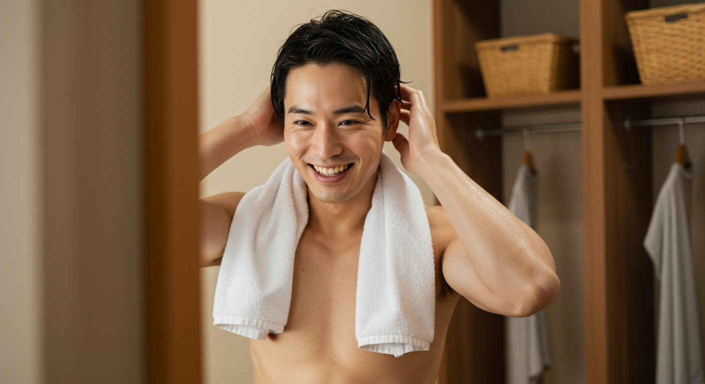 冷水シャワー後に鏡の前で髪を整えている男性
