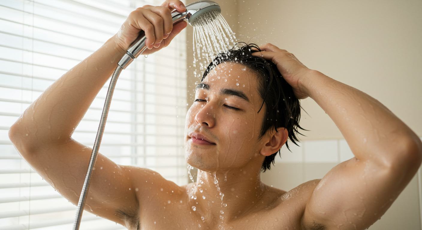 湯気の中でタオルを肩にかけた男性の後ろ姿