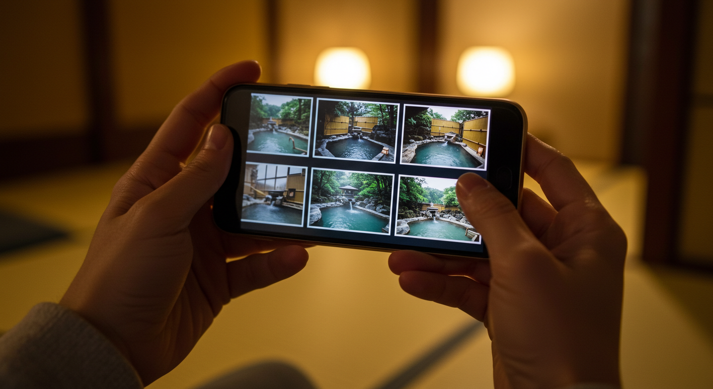 スマホで温泉検索をしているイメージ