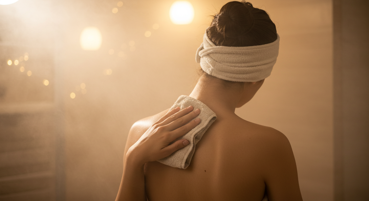 背中をあかすりタオルでやさしくこする女性の後ろ姿