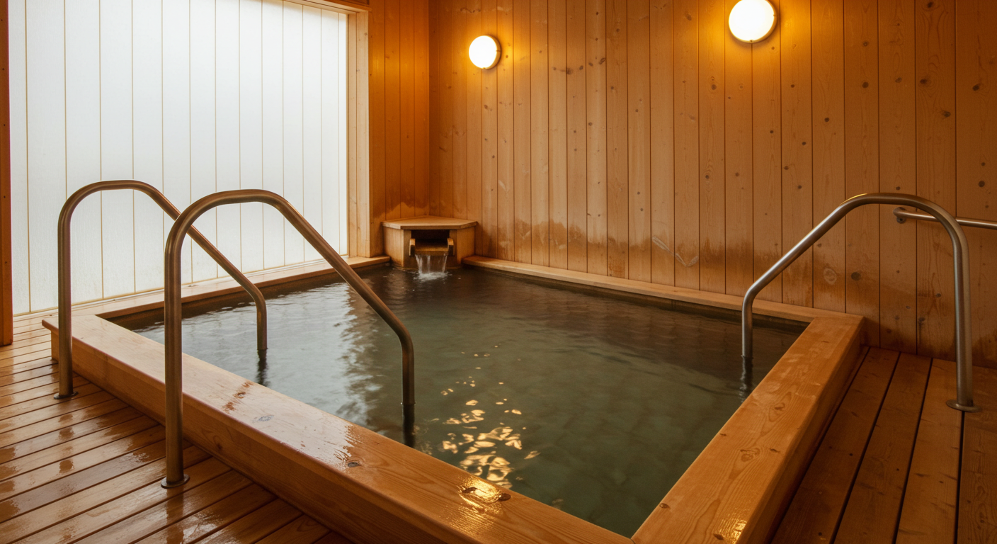 浴室にスロープがあるバリアフリーの貸切風呂の写真