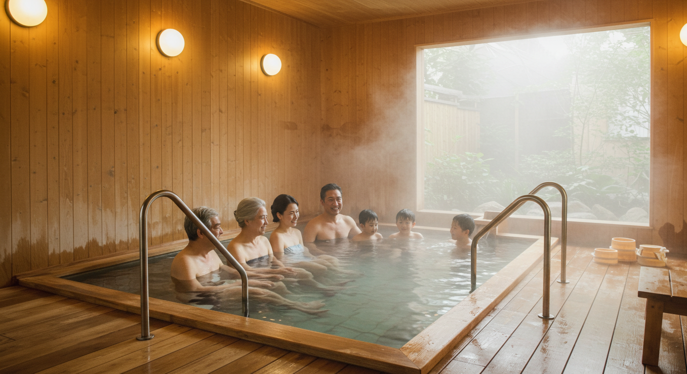 貸切風呂で親子がくつろいでいる写真