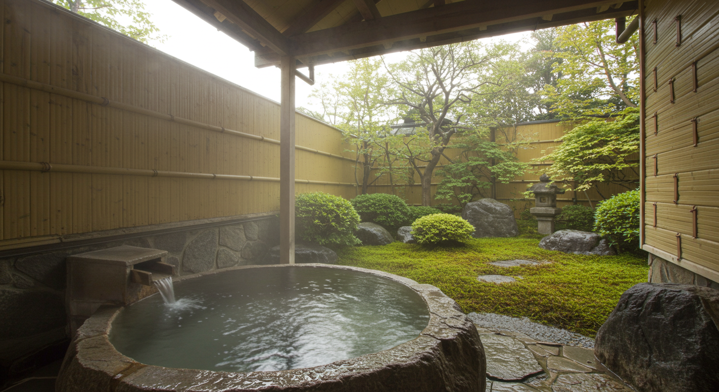 露天風呂から庭園を眺めるイメージ画像