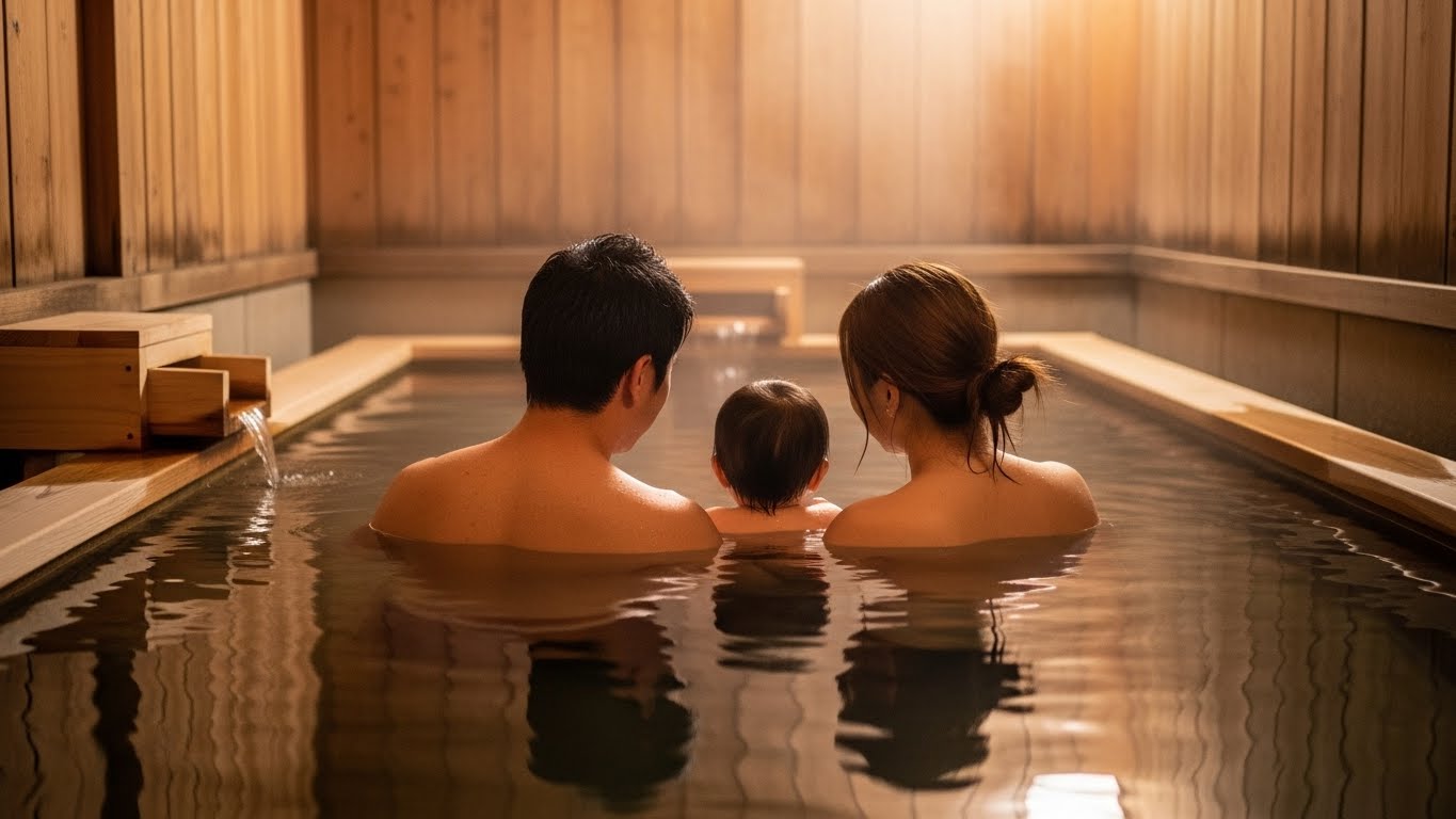 貸切風呂に浸かっている家族の後ろ姿