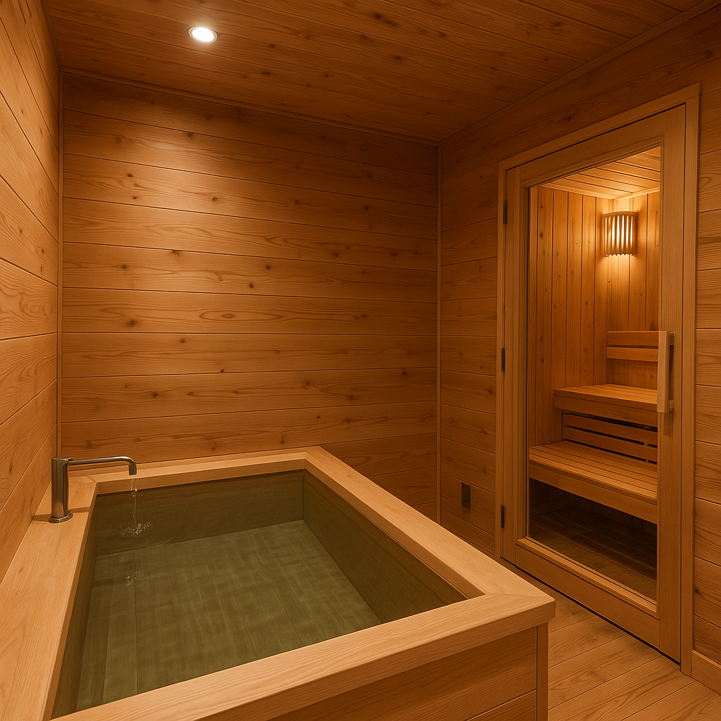 サウナ付きの貸切風呂（内湯＋木製サウナ）の様子