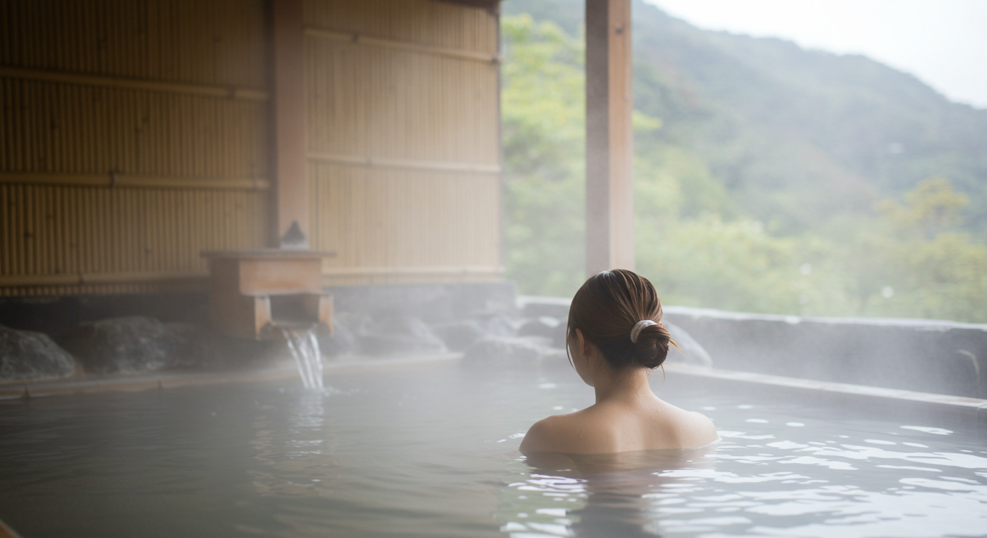 貸切風呂でくつろぐイメージ写真(後ろ姿)