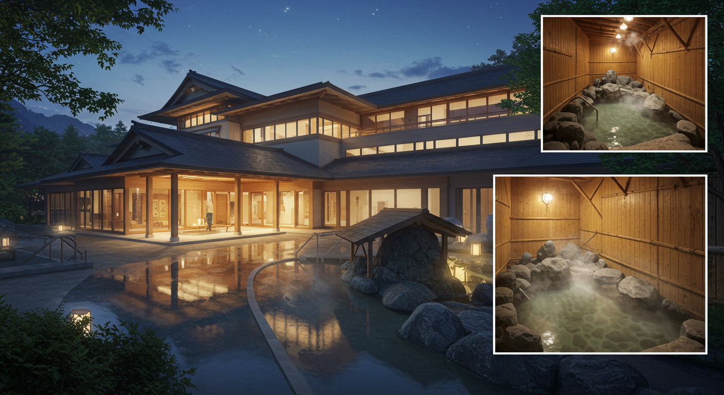 スーパー銭湯の外観と貸切風呂のイメージ