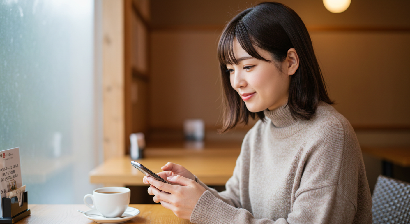 スマートフォンで温泉施設を検索している女性の画像