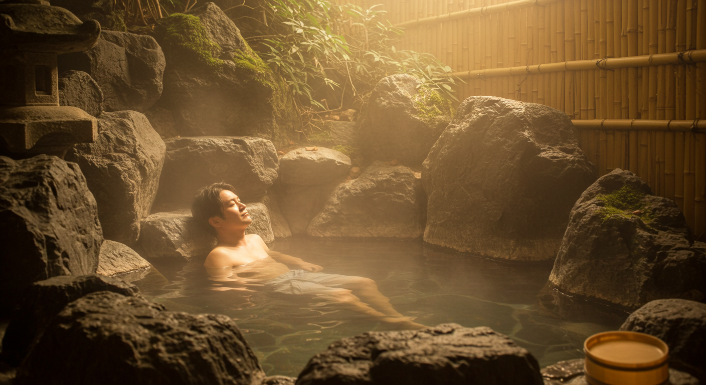 貸切岩風呂をひとりで楽しむ男性